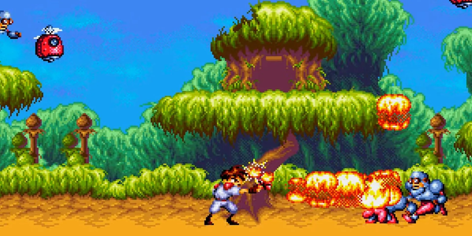 Nhân vật sử dụng súng lửa đôi mạnh mẽ để chiến đấu trong Gunstar Heroes, kiệt tác bắn súng cuộn ngang của Treasure trên Mega Drive.