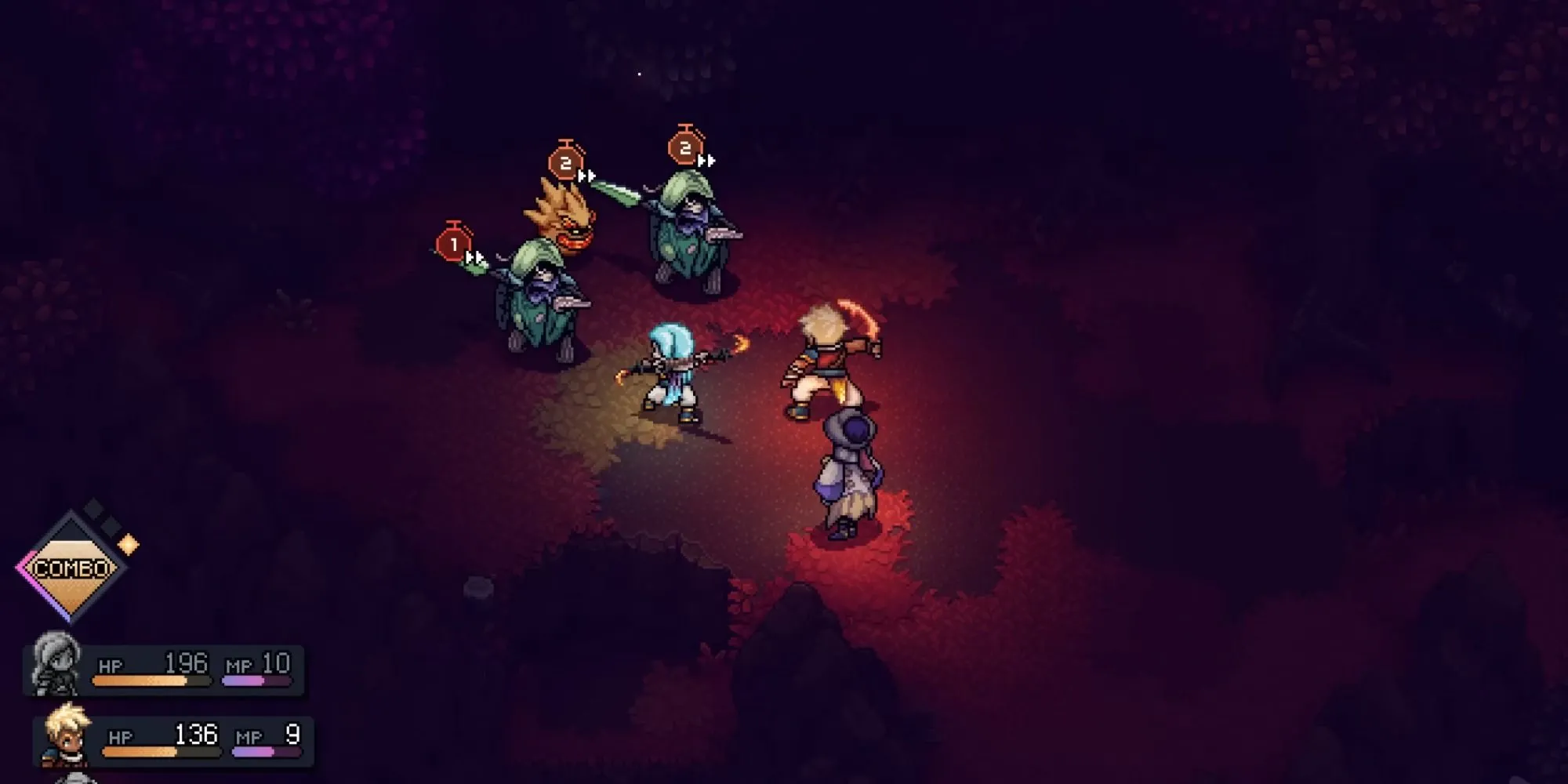 Nhân vật Valere thi triển kỹ năng trong một trận chiến theo lượt của Sea of Stars, đồ họa pixel-art đẹp mắt