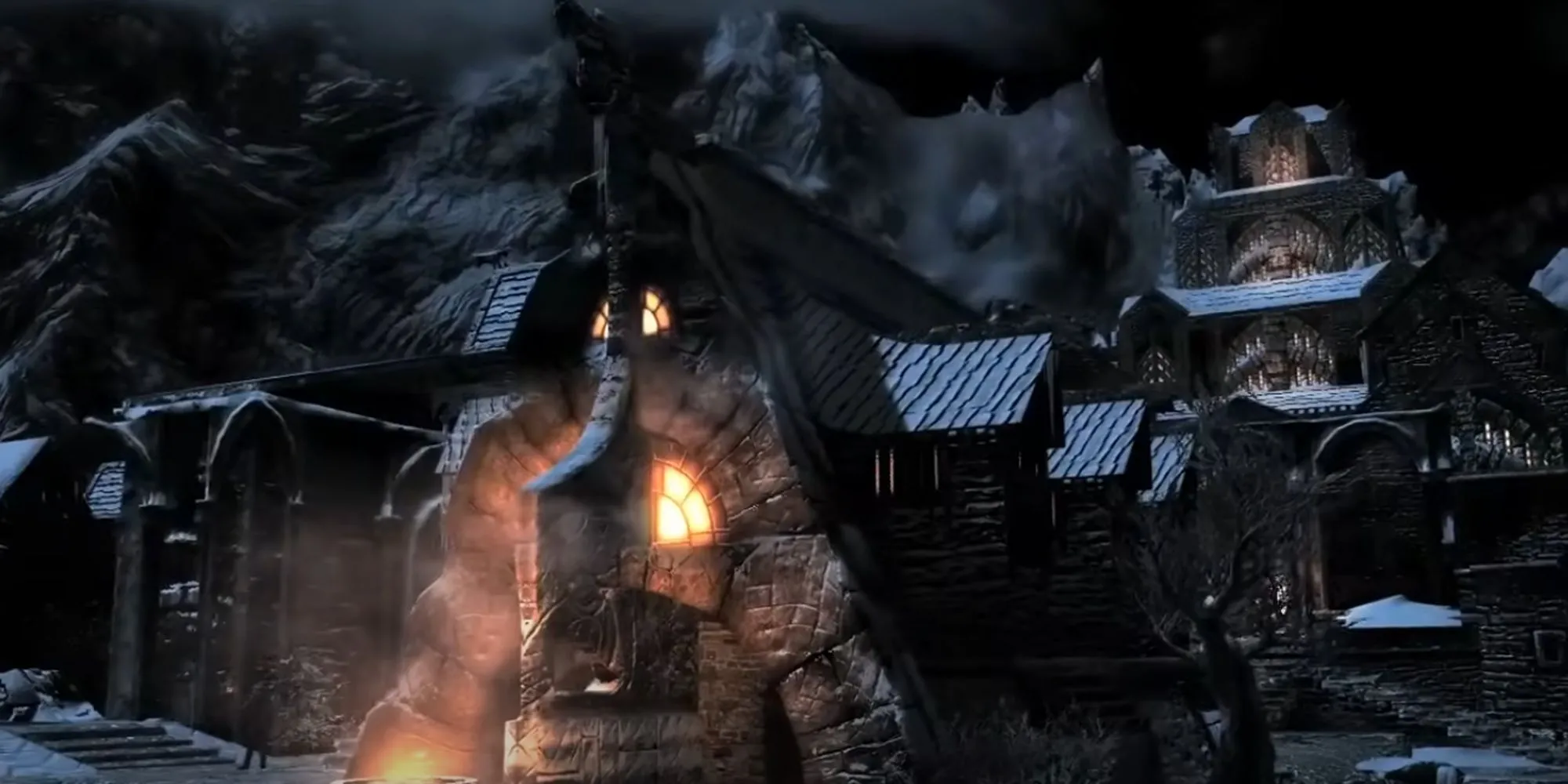 Phong cảnh hữu tình của một thị trấn vùng núi trong thế giới mở huyền ảo của The Elder Scrolls V: Skyrim.