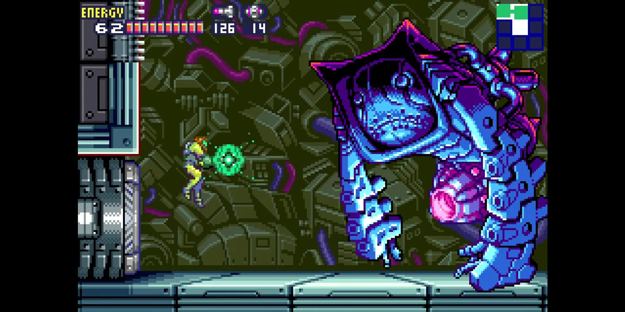 Samus Aran trong trang phục Power Suit đối đầu với một sinh vật bí ẩn, thể hiện gameplay hành động kịch tính của Metroid Fusion trên GBA.