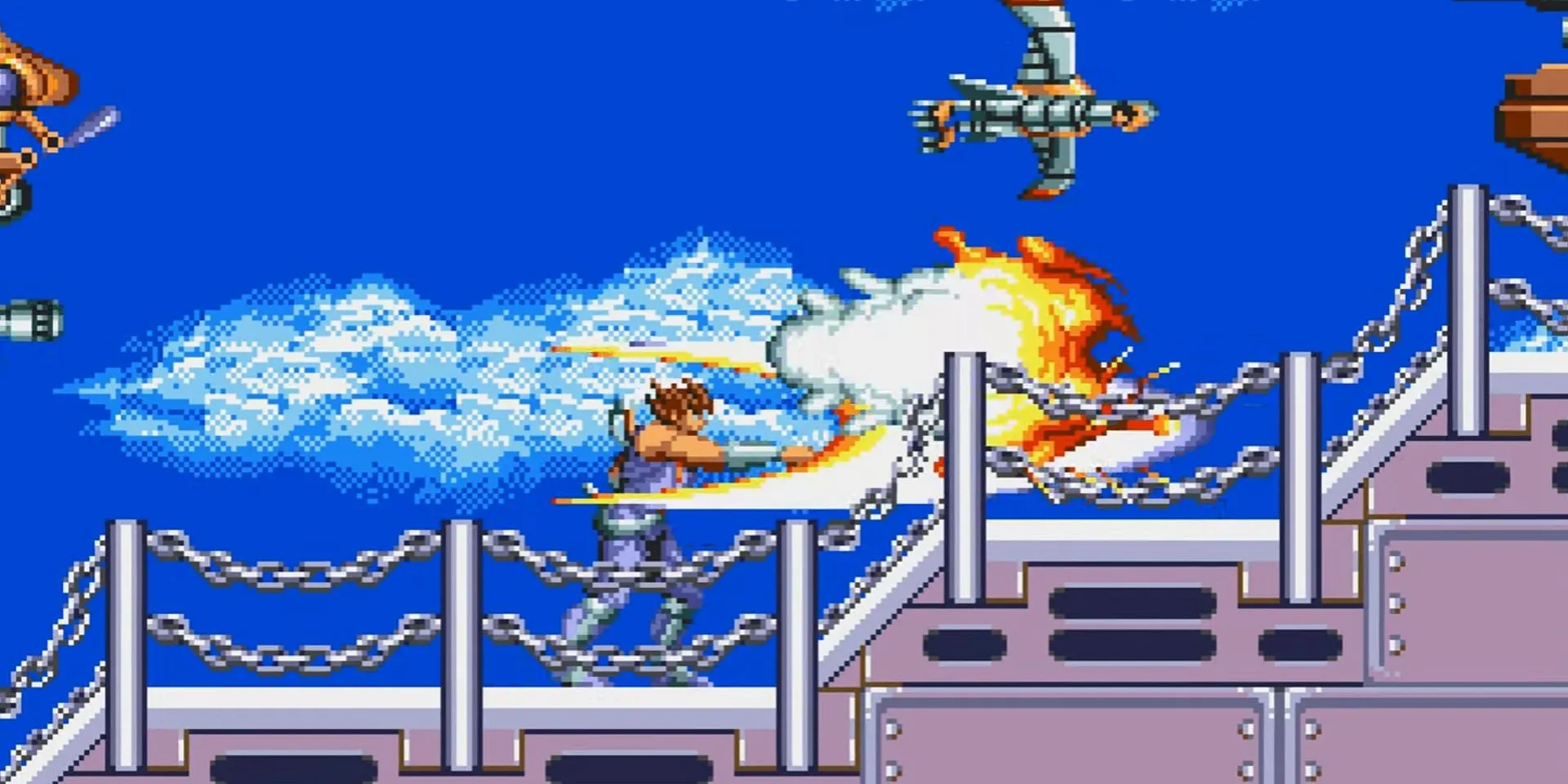 Strider Hiryu vung Cypher, vũ khí đặc trưng của mình, trong trận chiến đầy tốc độ của Strider trên Sega Genesis.