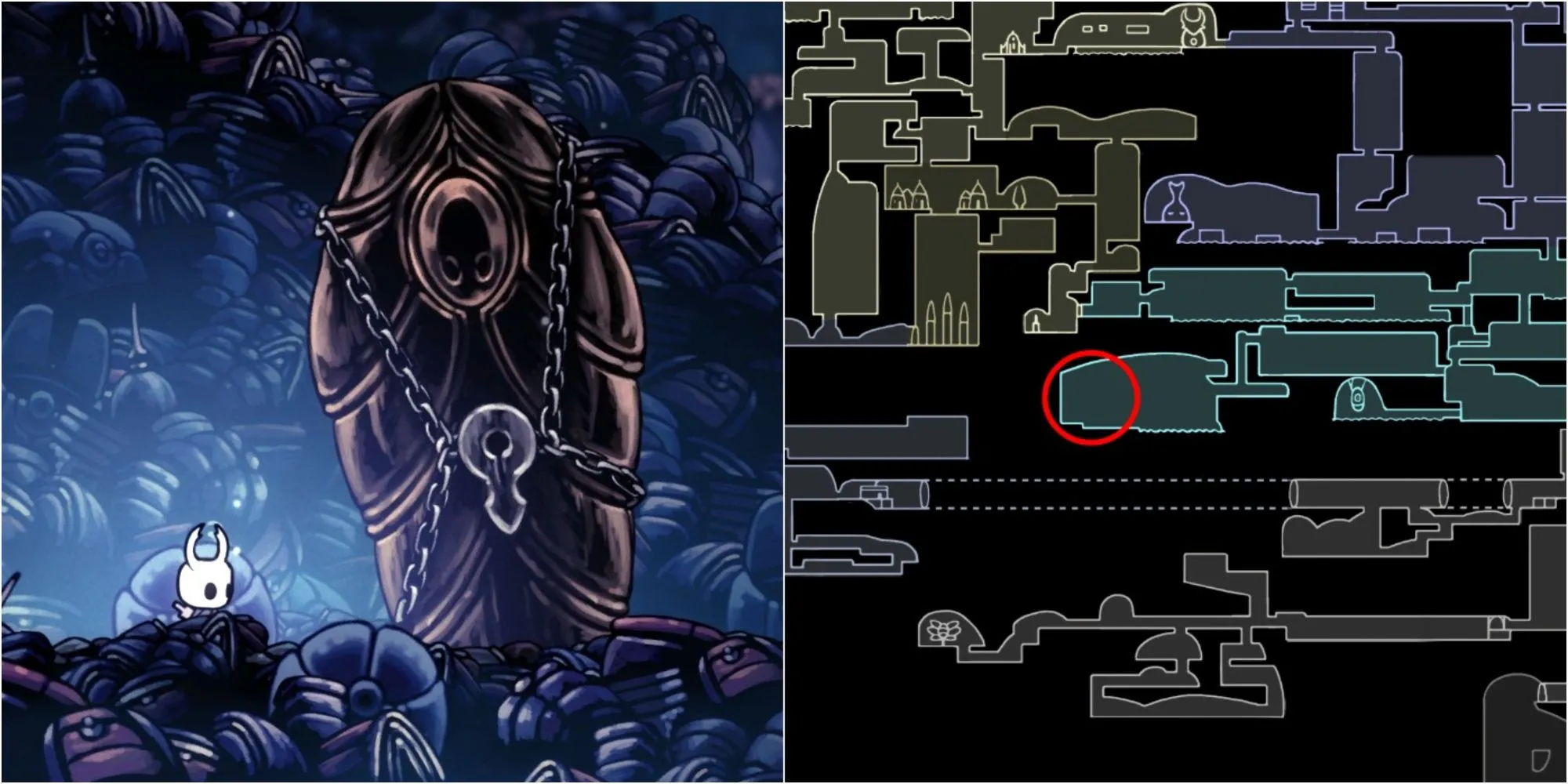 Tầng hầm Junk Pit trong Royal Waterways của Hollow Knight, nơi ẩn chứa lối vào Godhome của DLC Godmaster