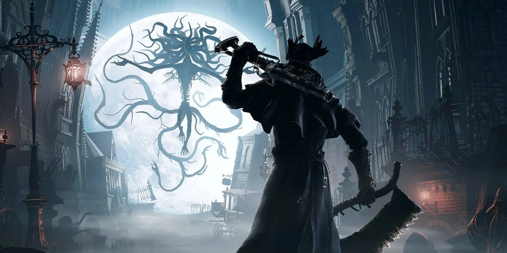 Thợ săn (Hunter) trong Bloodborne đối đầu với một con boss khổng lồ trong một khung cảnh đậm chất Gothic và Lovecraftian, minh họa độ khó cao, các trận đấu boss đầy thử thách và bối cảnh tăm tối đặc trưng của dòng game Soulsborne.