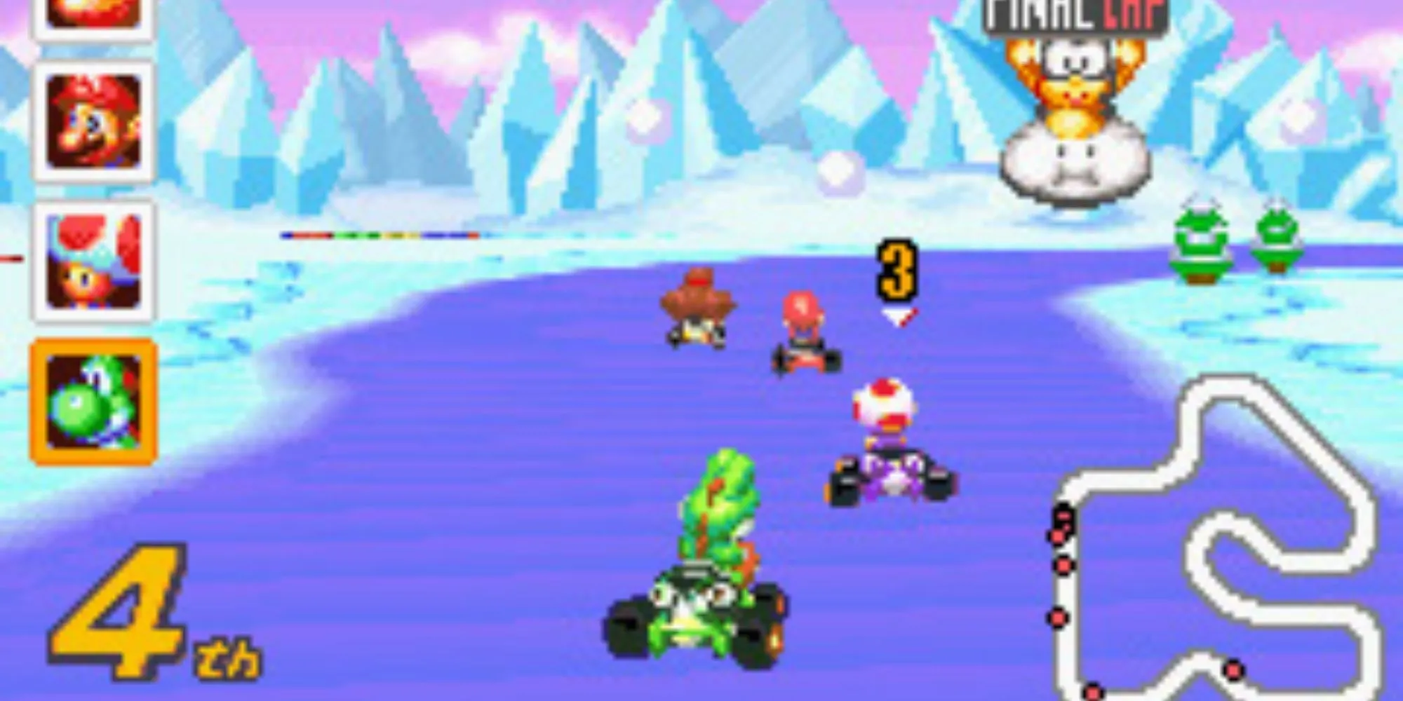 Yoshi cùng các nhân vật biểu tượng Mario, Toad và Donkey Kong tranh tài tốc độ trong Mario Kart: Super Circuit trên nền đồ họa Mode-7 cổ điển của GBA.