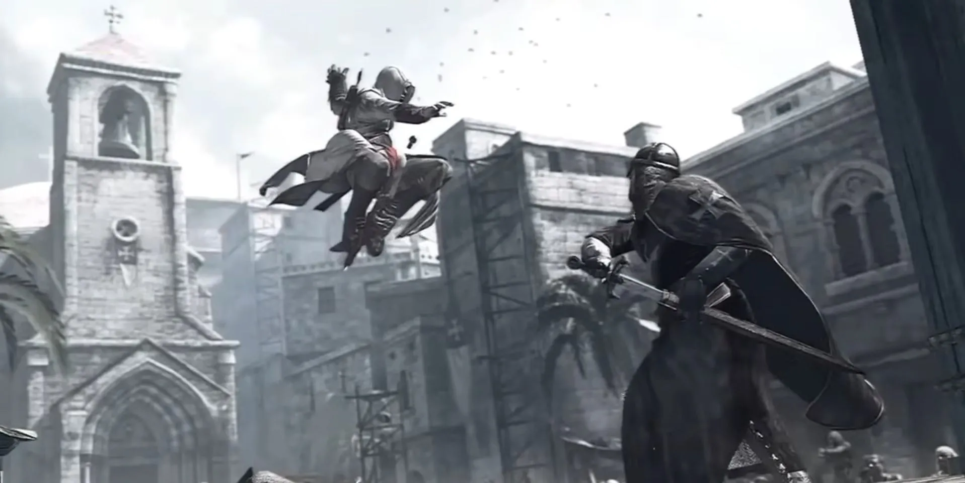 Altaïr, nhân vật chính của Assassin's Creed 1, đang ẩn mình trên một mái nhà cổ kính