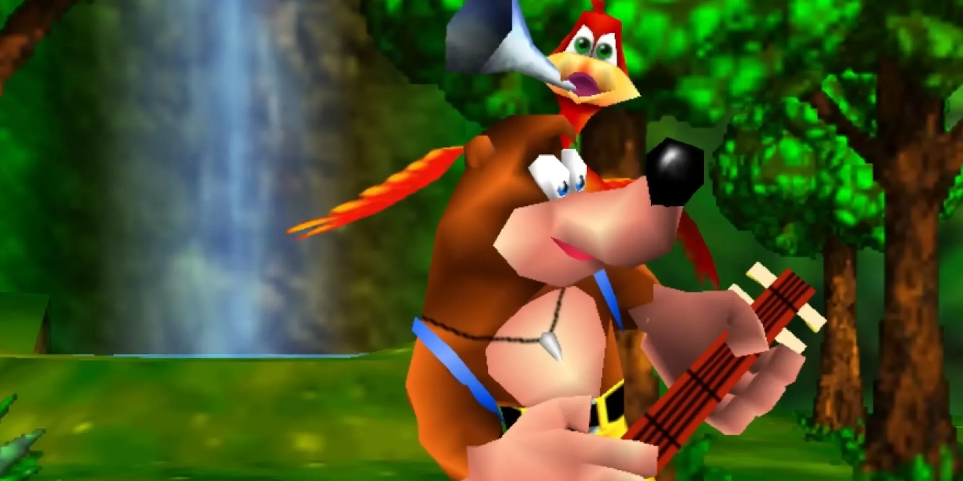 Bộ đôi Banjo và Kazooie đứng trên một mỏm đá, khám phá thế giới rộng lớn đầy màu sắc trong tựa game platformer Banjo-Kazooie kinh điển trên Nintendo 64.