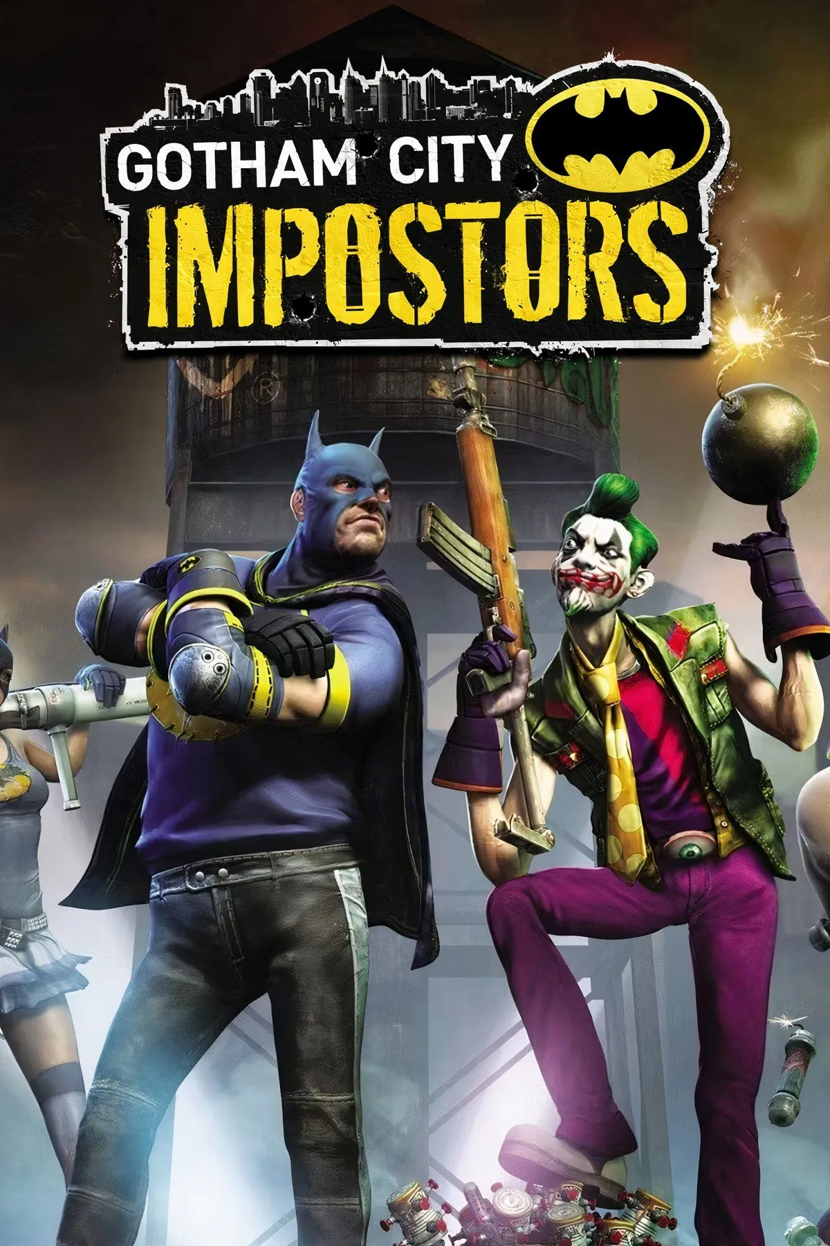 Các nhân vật Impostors phe Batman và Joker trong Gotham City Impostors, thể hiện sự đa dạng về trang phục và vũ khí độc đáo của game