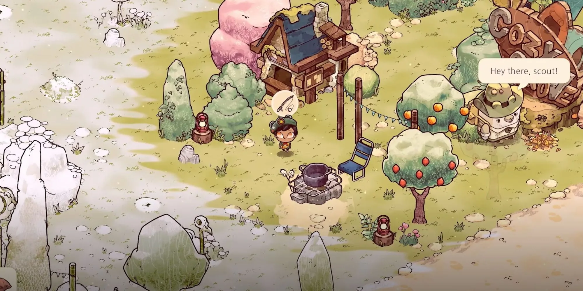 Cảnh người chơi thu hoạch nông sản trong khu vực nông trại của game Cozy Grove