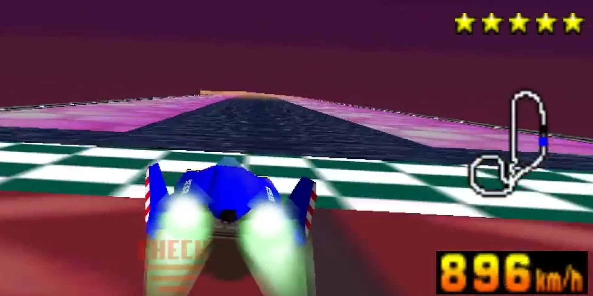 Cảnh xe đua Falcon lao qua vạch đích tốc độ cao trong F-Zero X trên Nintendo 64, biểu tượng của dòng game đua xe tương lai.