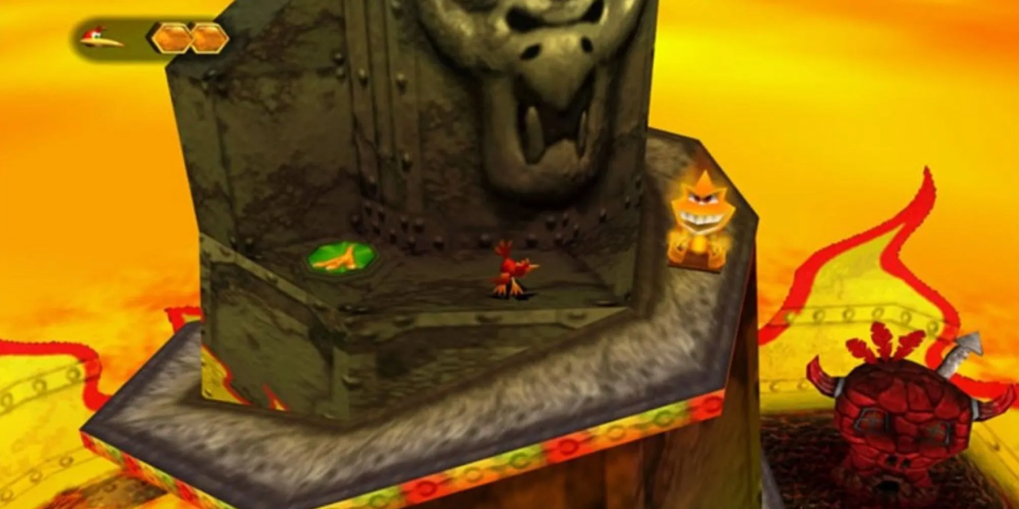 Cặp đôi Banjo và Kazooie trong thế giới rộng lớn của Banjo-Tooie, thể hiện sự mở rộng so với bản trước