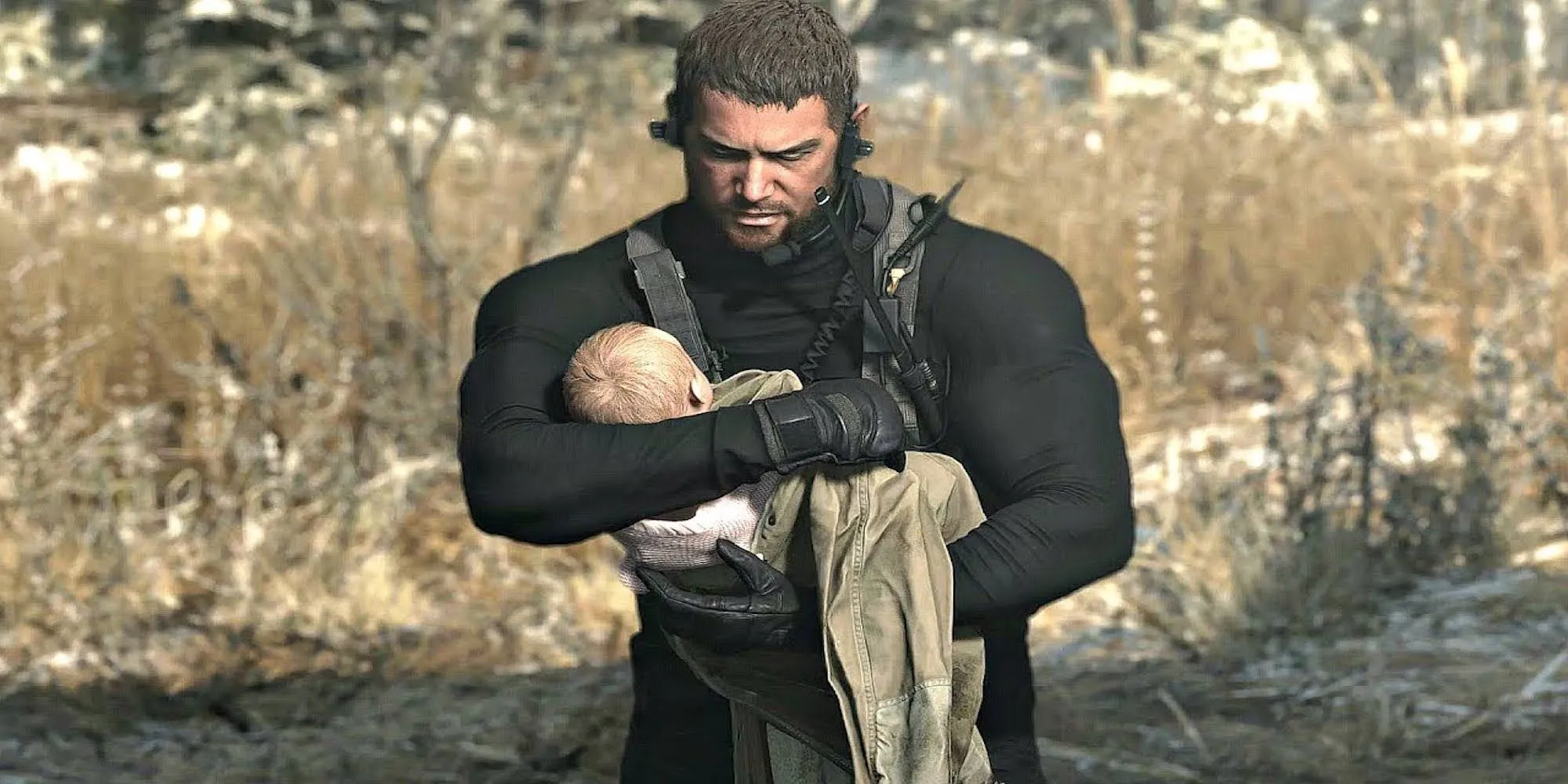 Chris Redfield bế Rose trong Resident Evil Village