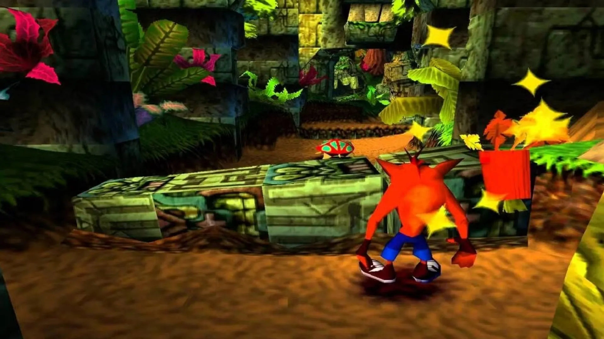 Crash Bandicoot đang nhảy qua các chướng ngại vật trong màn chơi đầu tiên của game