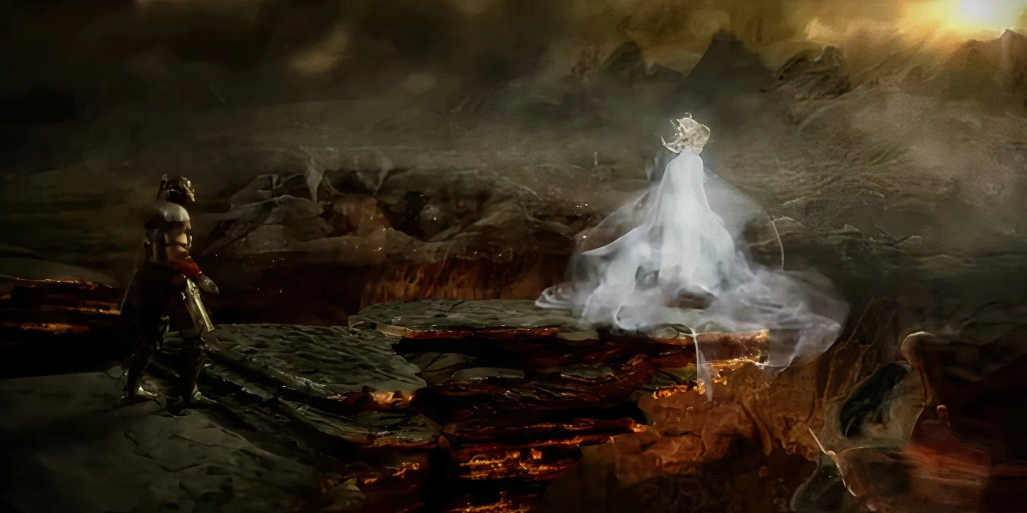 Dante đứng nhìn hình bóng Beatrice trong game Dante's Inferno