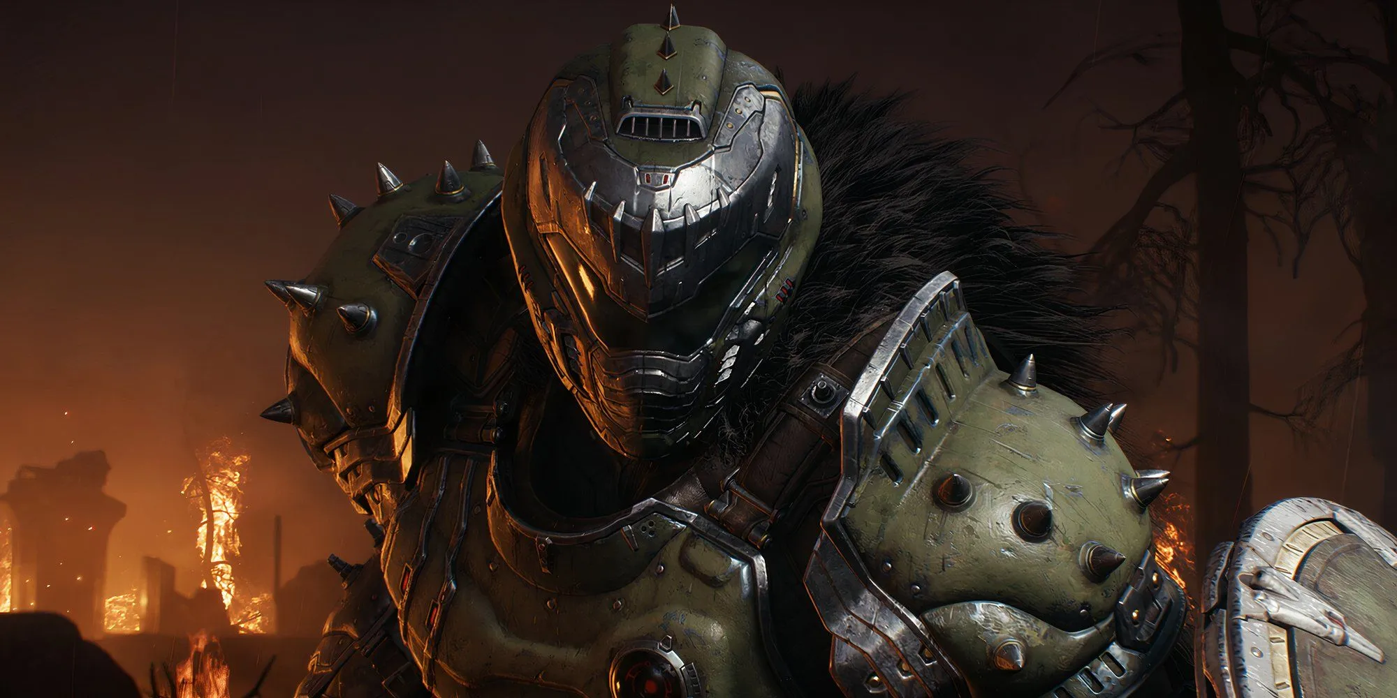 Doomslayer trong bộ giáp và khiên của mình đứng ngoài trời, đại diện cho game Doom The Dark Ages