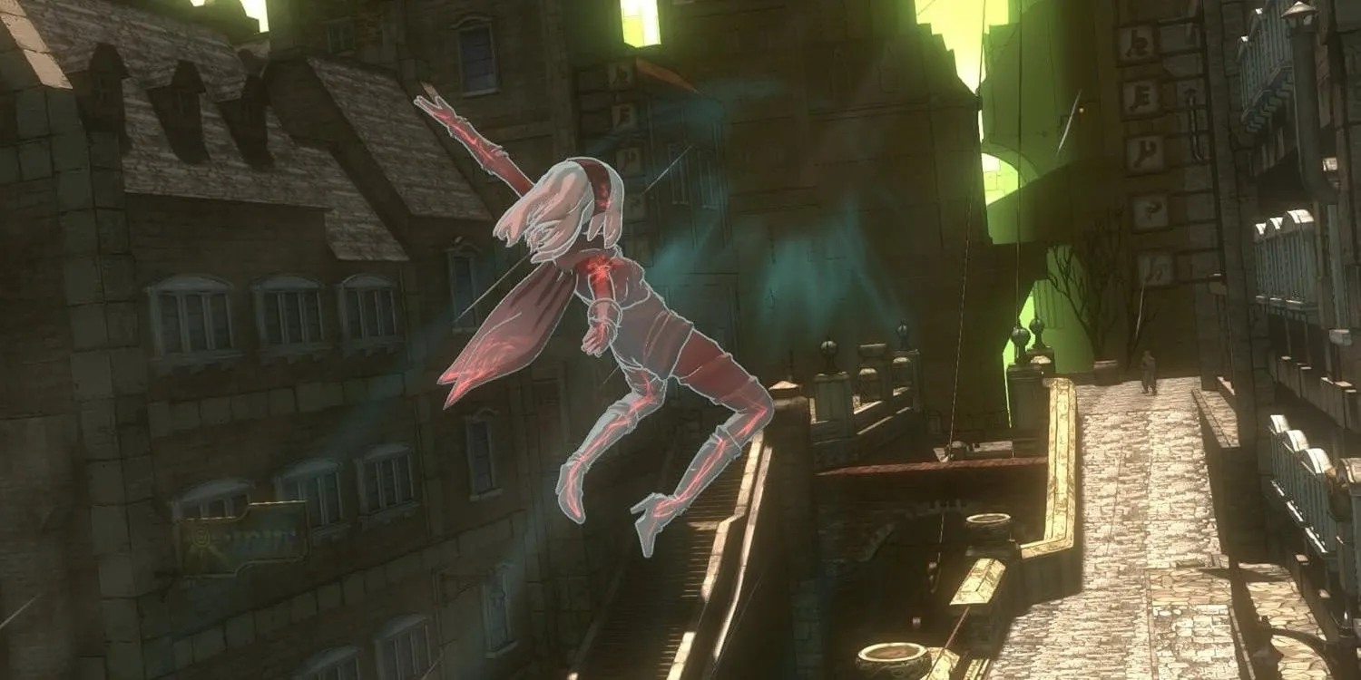Gravity Rush, nhân vật Kat sử dụng năng lực trọng lực để bay lượn và thay đổi phương hướng, khám phá thành phố Hekseville.