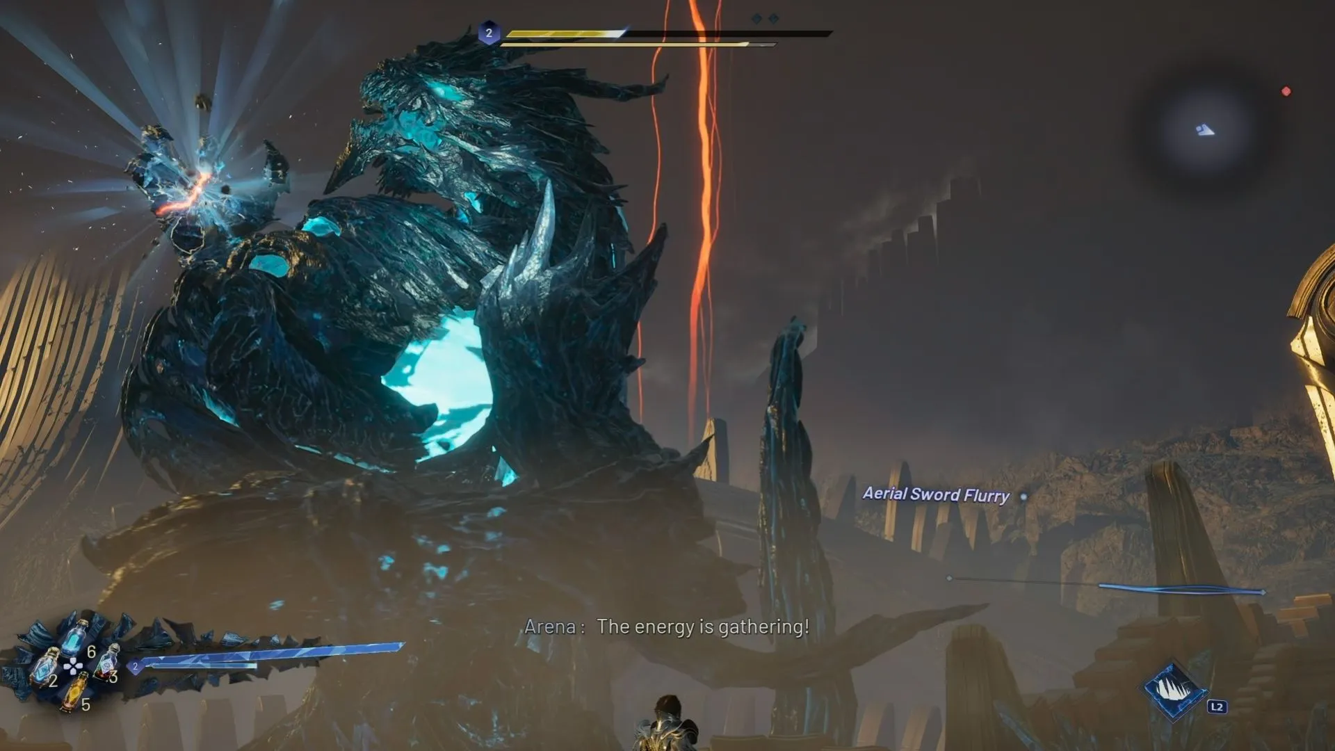 Kaser thực hiện một pha né tránh hoàn hảo trước đòn tấn công của boss khổng lồ trong Lost Soul Aside, nhấn mạnh yếu tố thử thách trong các trận đấu boss.