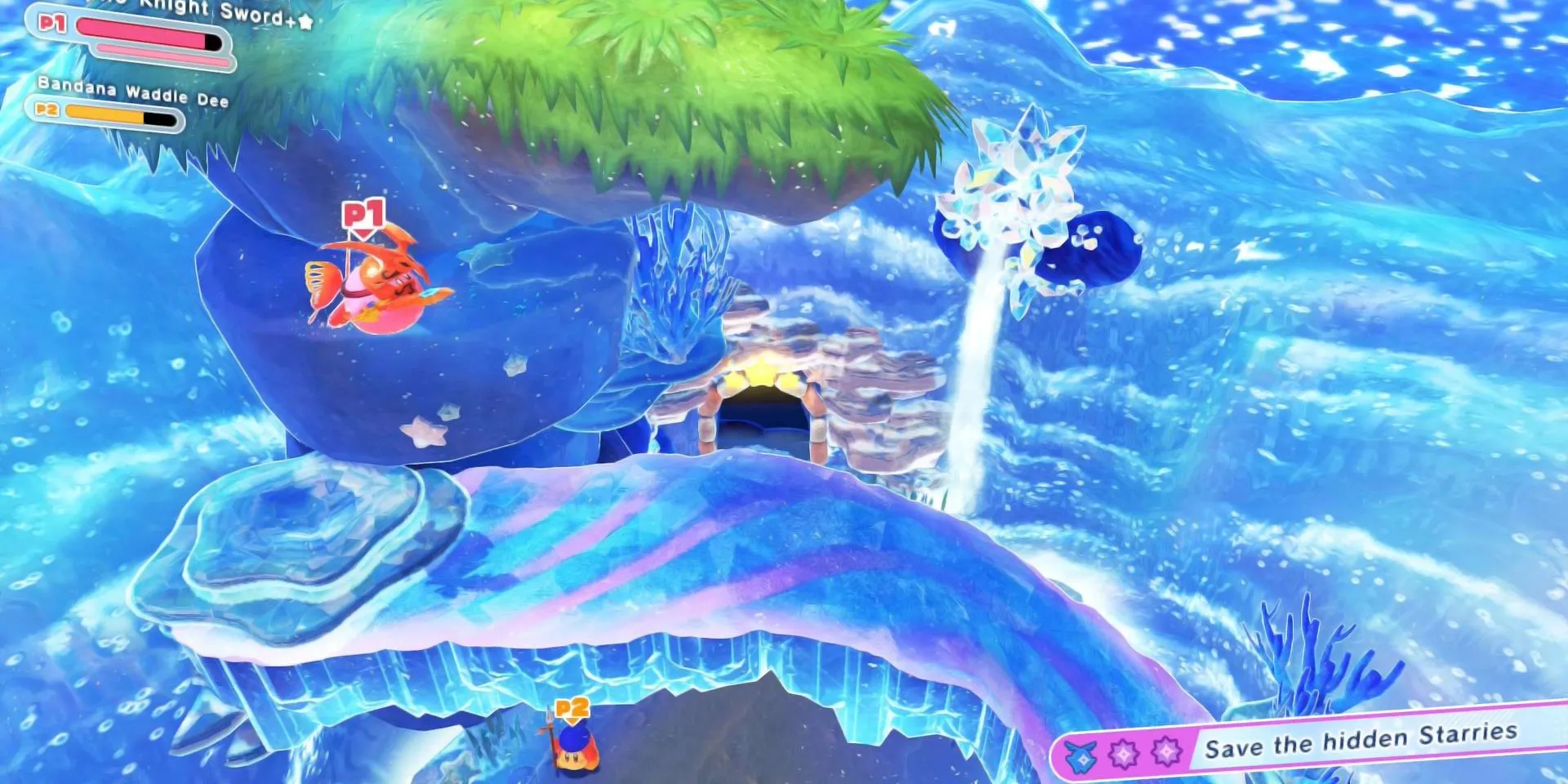 Khung cảnh cấp độ đại dương được cải biến trong Kirby: Star-Crossed World.