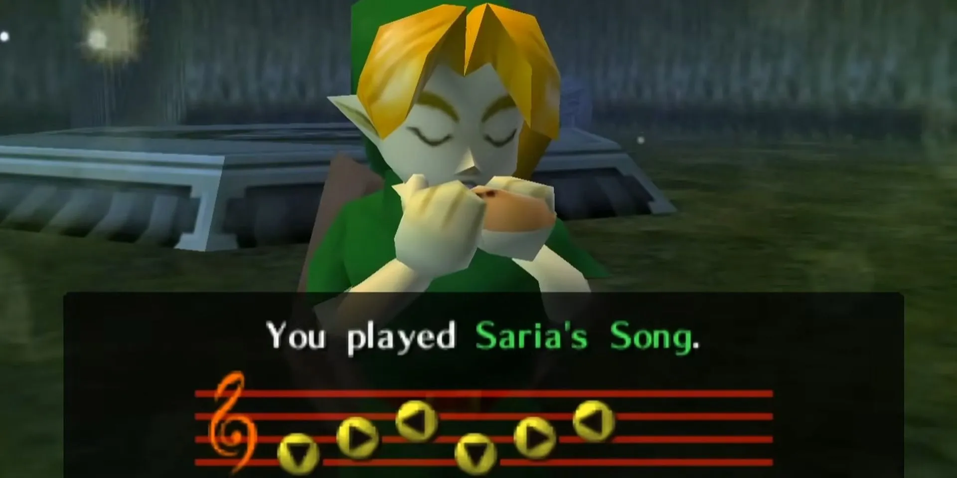 Link đang học bản nhạc sáo từ Saria trong khu rừng Kokiri trong The Legend of Zelda: Ocarina of Time, biểu tượng của sự tương tác và cốt truyện sâu sắc.