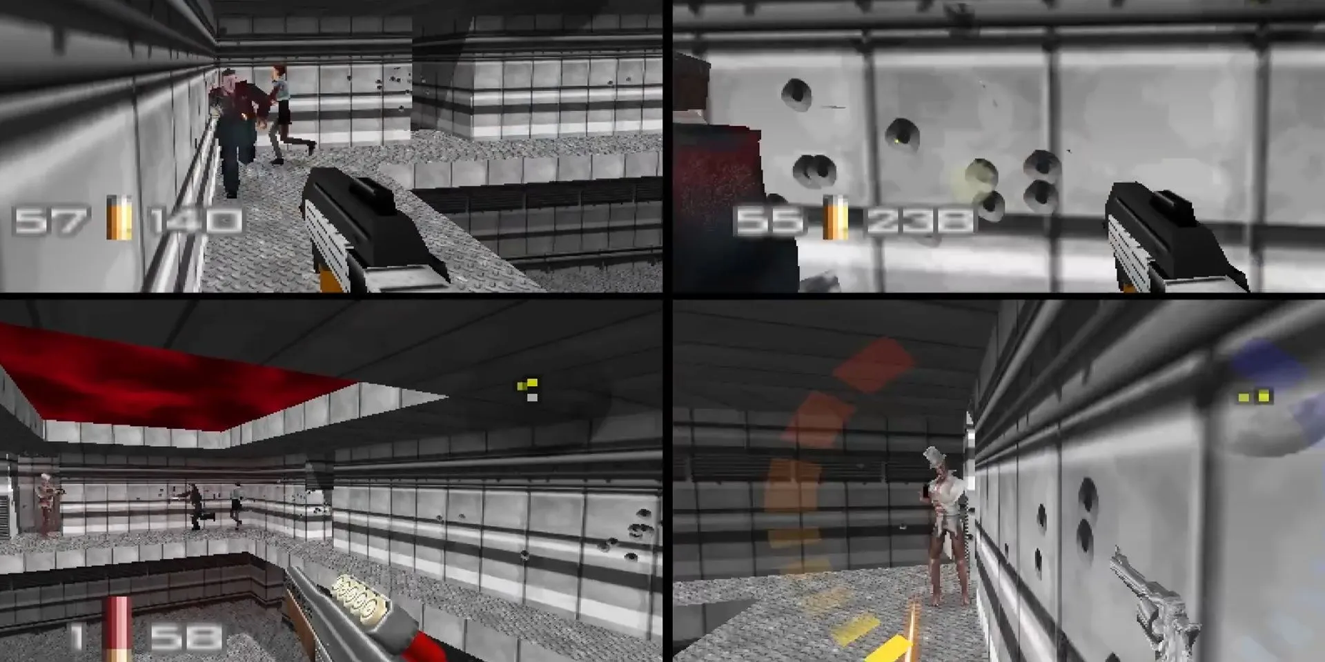 Màn hình chia bốn người chơi trong chế độ multiplayer của GoldenEye 007 trên N64, thể hiện đỉnh cao của trải nghiệm bắn súng góc nhìn thứ nhất tại nhà.