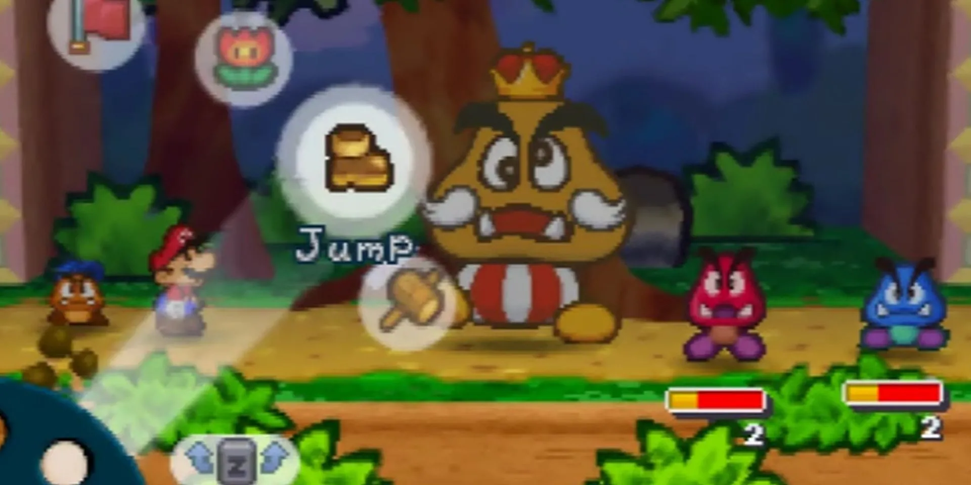 Mario cùng đồng đội đang chiến đấu với King Goomba trong Paper Mario, minh họa phong cách đồ họa độc đáo và cơ chế chiến đấu RPG theo lượt của game.