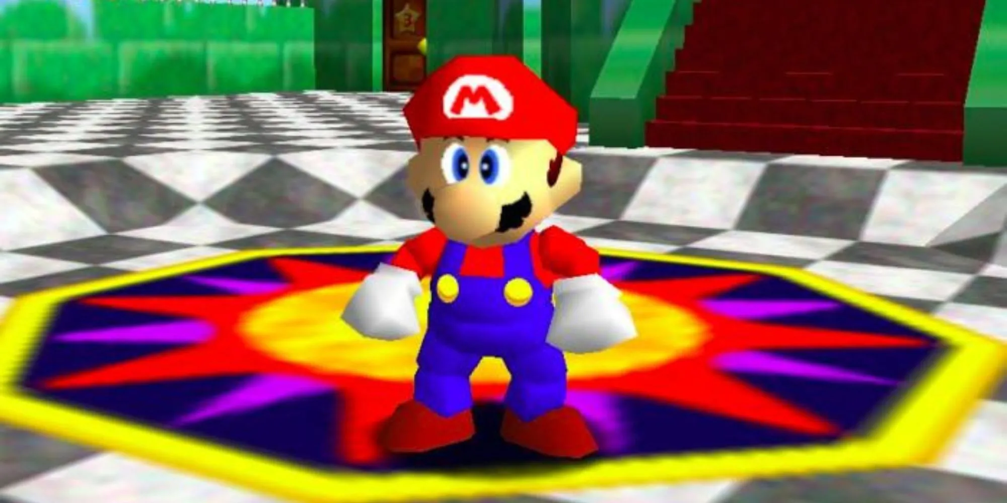 Mario đứng trong sảnh lâu đài Princess Peach, cổng vào các thế giới 3D trong Super Mario 64, game platformer tiên phong trên Nintendo 64.