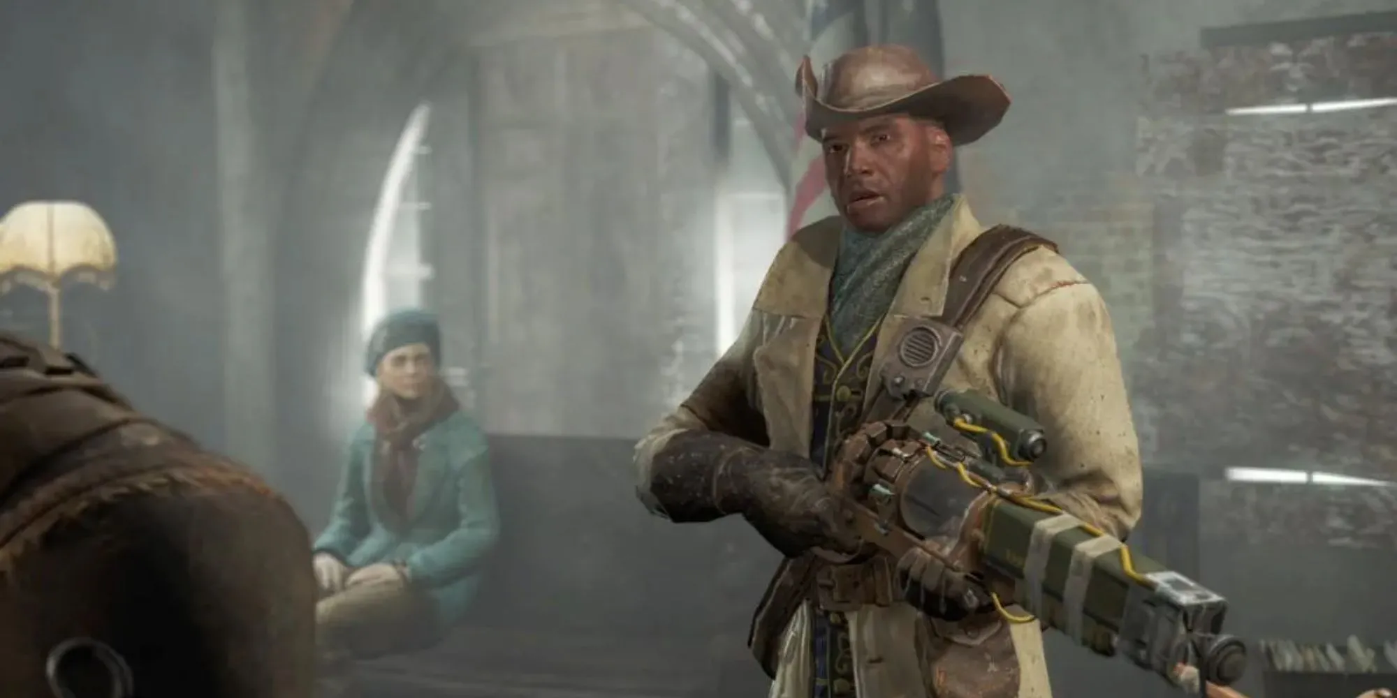 Người chơi khám phá vùng đất hoang tàn Commonwealth trong Fallout 4, với các công trình đổ nát và môi trường hậu tận thế