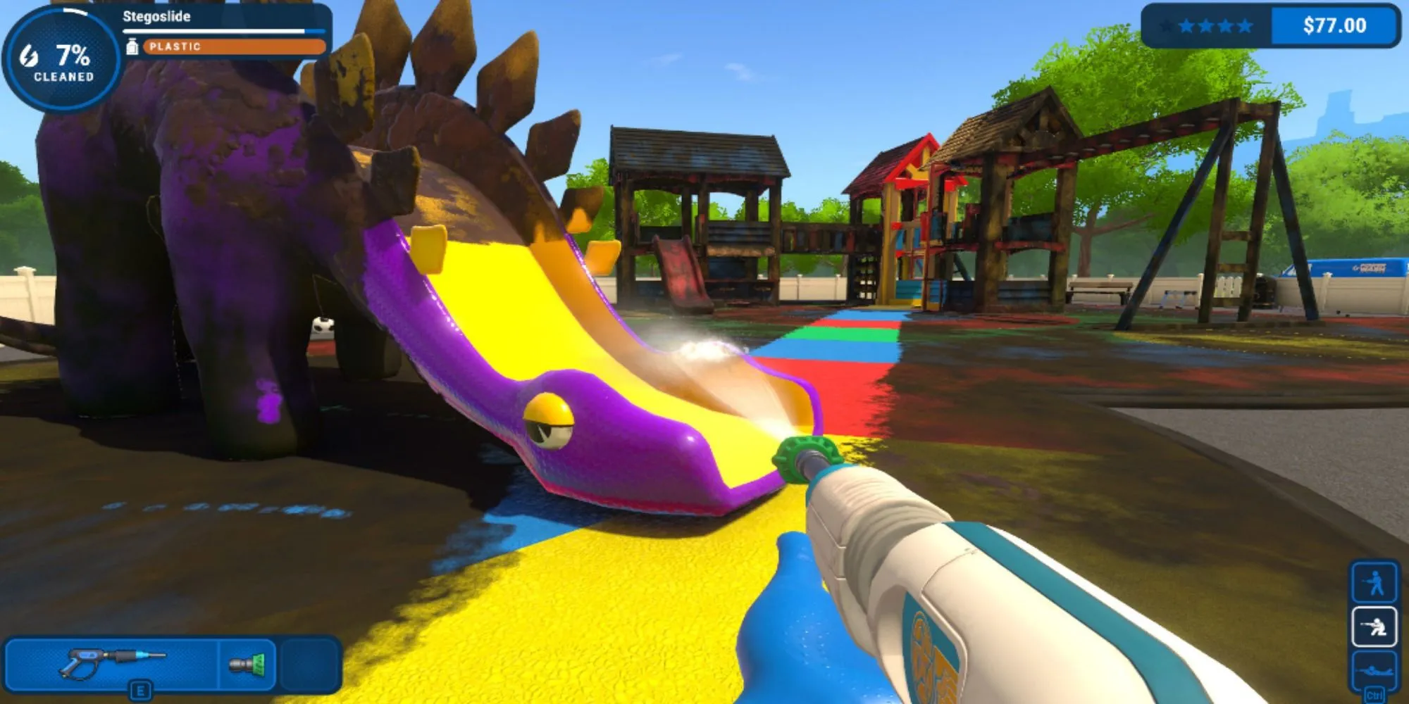 Người chơi sử dụng máy rửa áp lực cao để làm sạch công trình Stegoslide trong game PowerWash Simulator