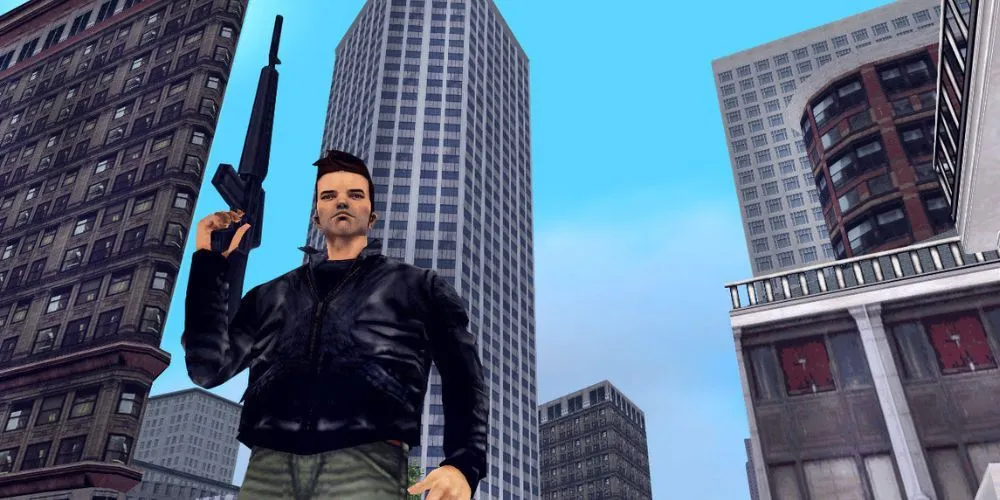 Nhân vật chính Claude trong Grand Theft Auto III cầm súng trường đứng giữa Liberty City