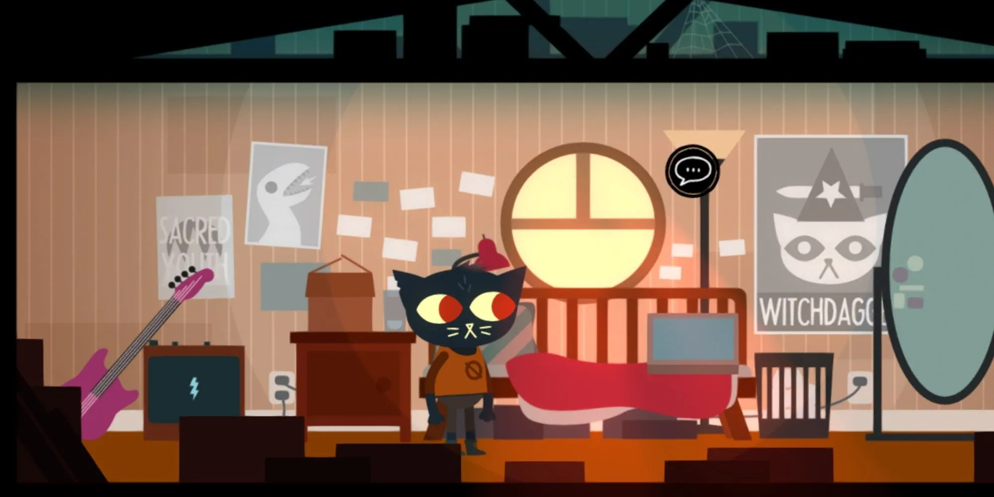 Nhân vật chính Mae Borowski ngồi trong phòng ngủ của mình, phản ánh không khí game Night in the Woods