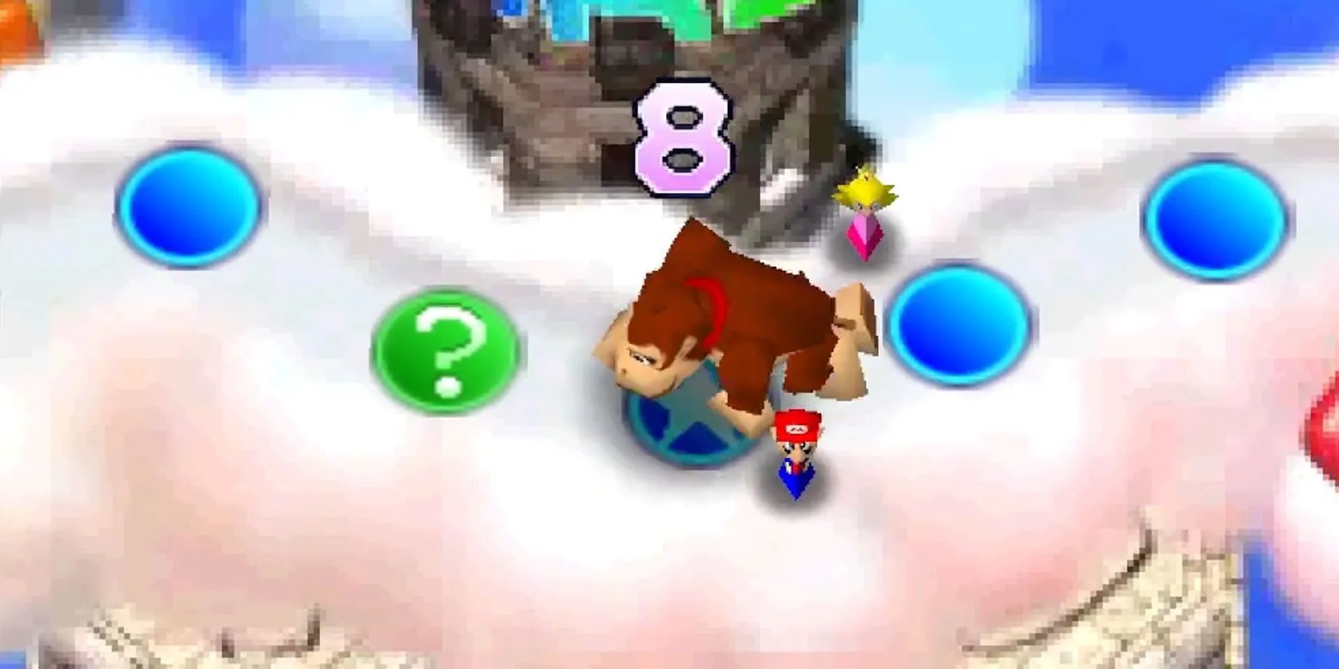 Nhân vật Donkey Kong đang di chuyển trên bàn cờ trong game Mario Party trên N64, minh họa lối chơi tiệc tùng vui nhộn nhưng đầy tính cạnh tranh.