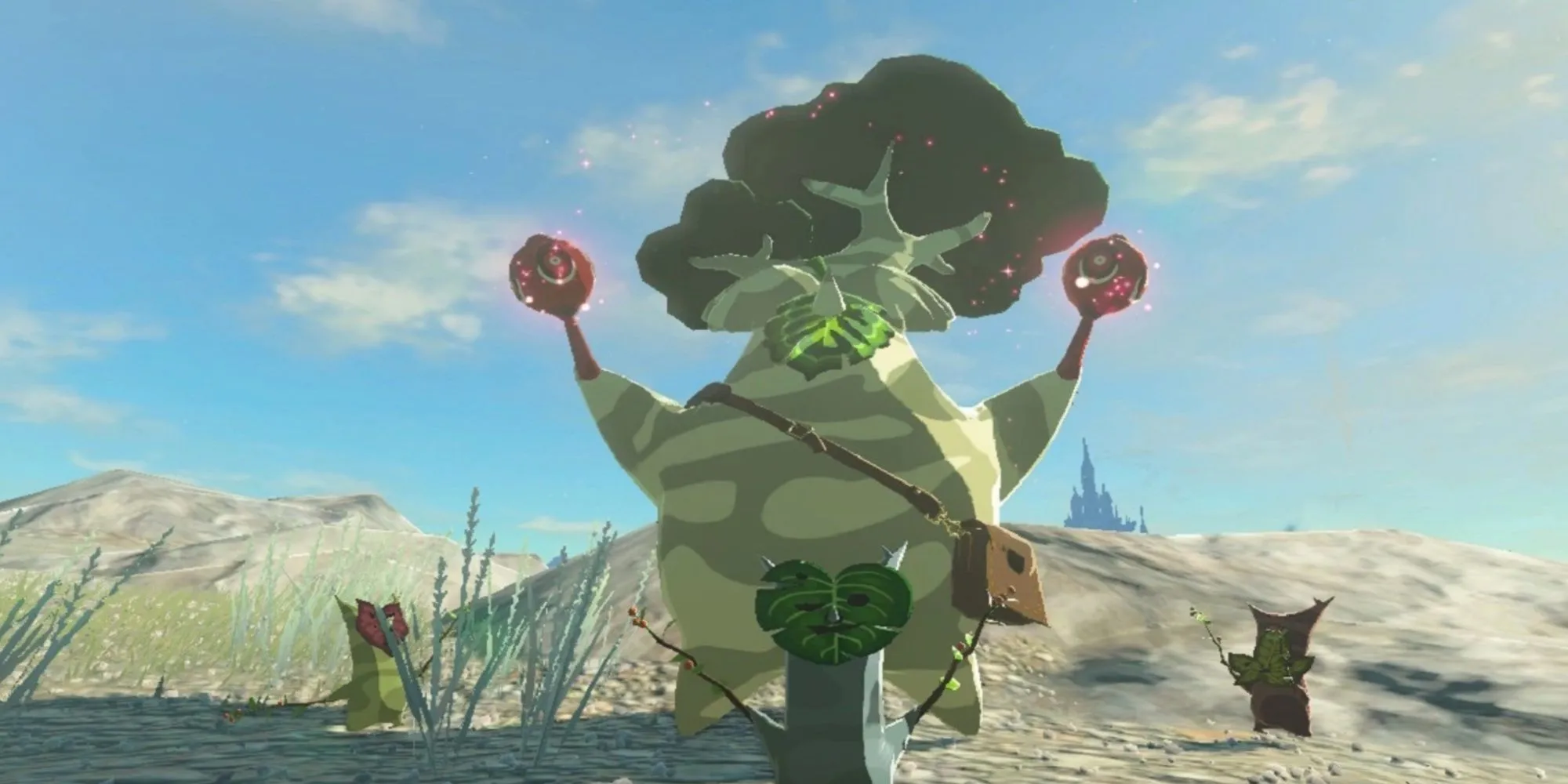 Nhân vật Hestu và các Korok đang nhảy múa trong The Legend of Zelda: Tears of the Kingdom, thể hiện các nhiệm vụ sưu tầm kéo dài