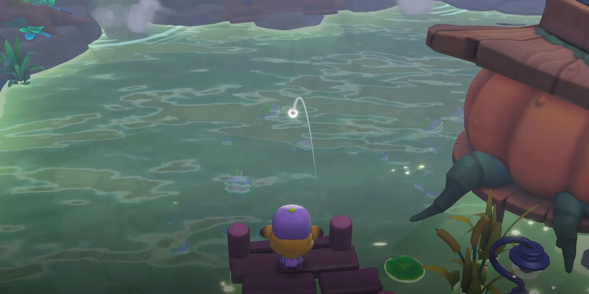Nhân vật người chơi đang câu cá trên bến gỗ cùng các nhân vật Sanrio trong game Hello Kitty Island Adventure