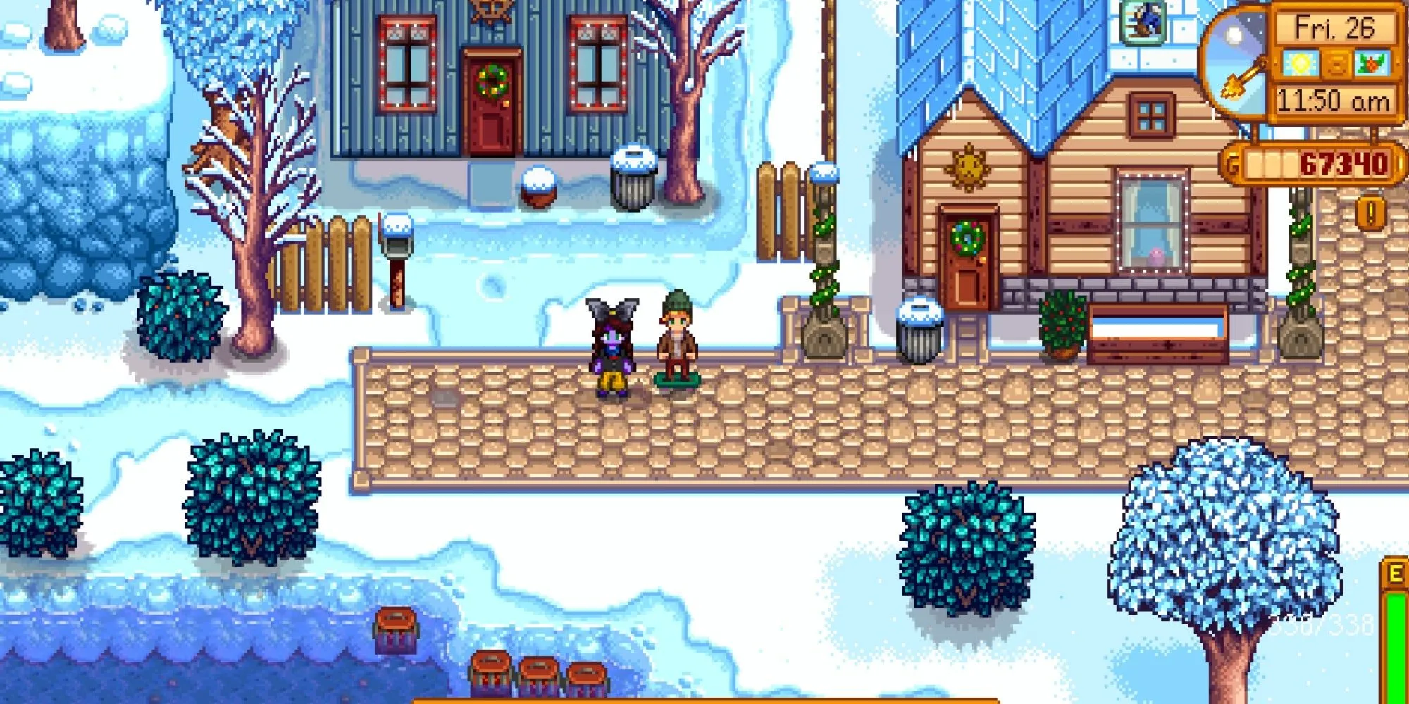 Nhân vật Sam thực hiện động tác kickflip trên ván trượt trong mùa đông lạnh giá của Stardew Valley