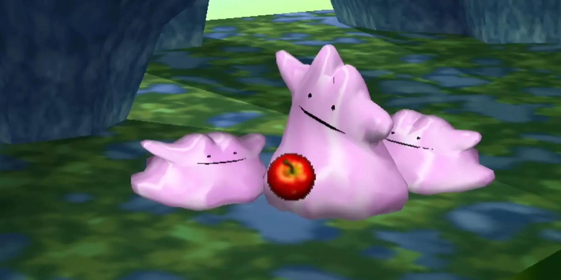 Nhiều Pokémon Ditto biến hình thành các Pokémon khác nhau trong môi trường tự nhiên của game Pokémon Snap, thể hiện sự sống động của thế giới Pokémon.