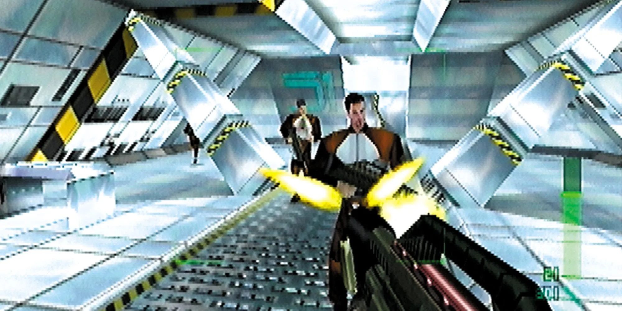 Nữ điệp viên Joanna Dark trong màn hình gameplay của Perfect Dark trên Nintendo 64