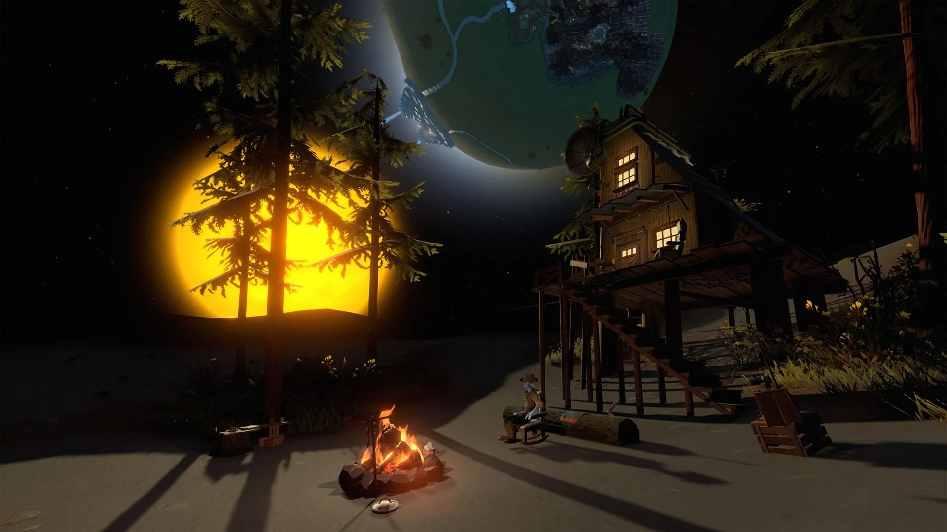 Outer Wilds, tàu vũ trụ của nhân vật chính khám phá một hành tinh nhỏ trong không gian, nhấn mạnh yếu tố thám hiểm và bí ẩn.