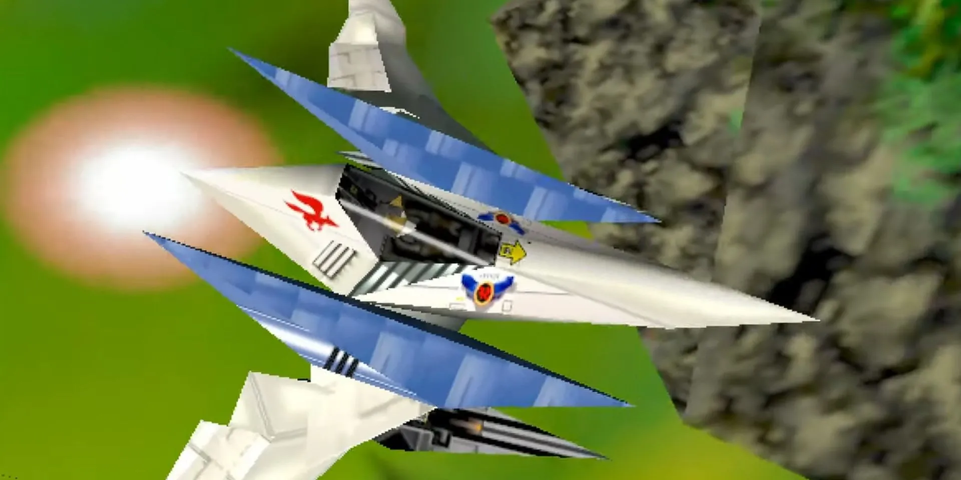 Phi thuyền Arwing của Fox McCloud chuyển sang chế độ bay tự do All-Range Mode trong Star Fox 64, thể hiện sự linh hoạt trong gameplay bắn súng không gian.