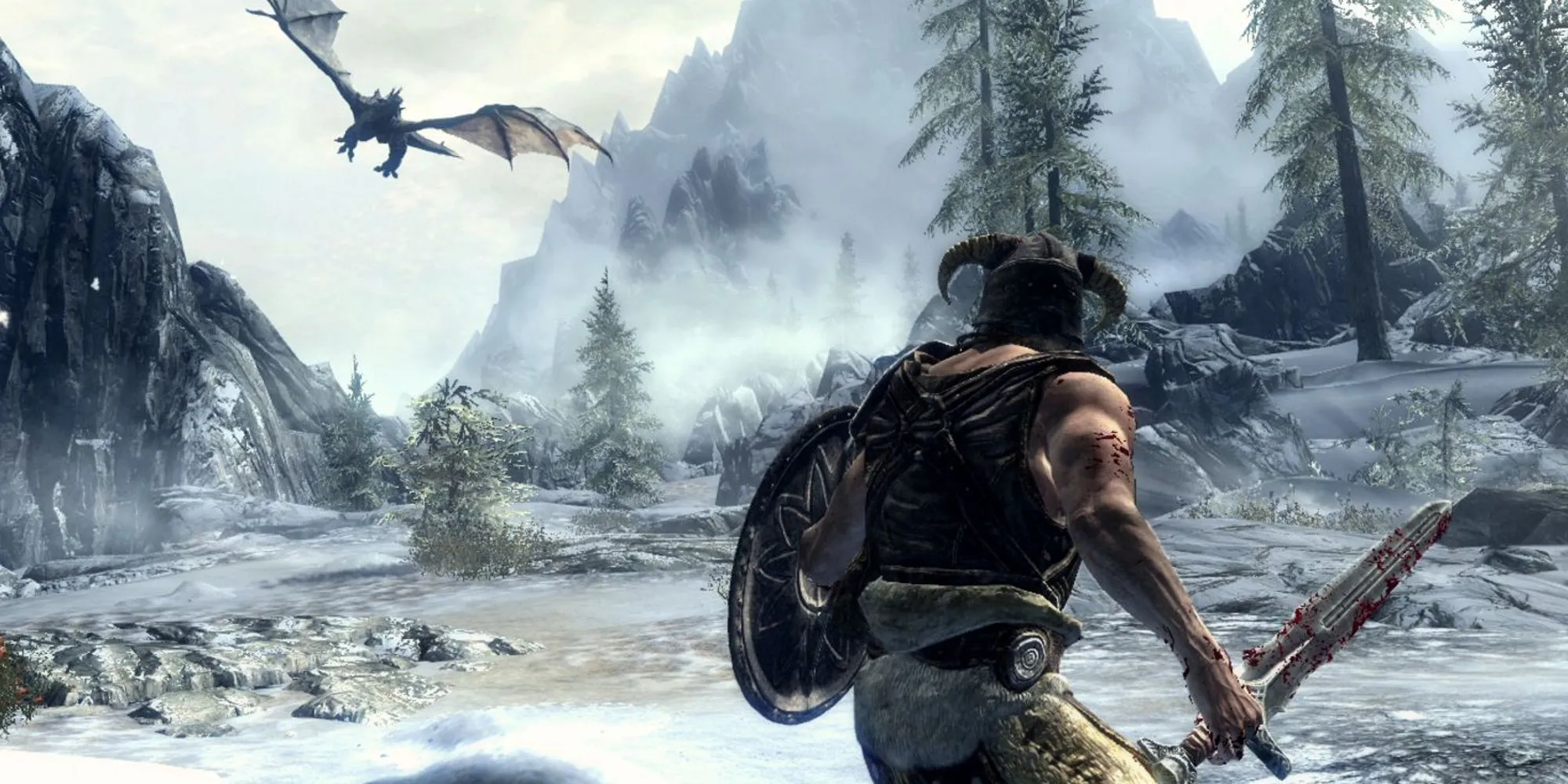 Rồng bay lượn trên bầu trời tuyết trắng của Skyrim, một trong những game thế giới mở kinh điển với hàng trăm giờ chơi