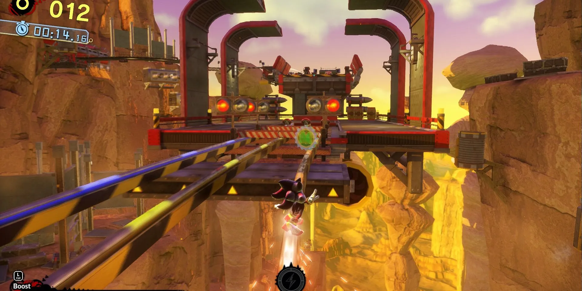 Shadow Generations Rail Canyon Act 1: Hình ảnh khóa đầu tiên trên đường ray, thể hiện cơ chế trượt ray trong game Sonic.