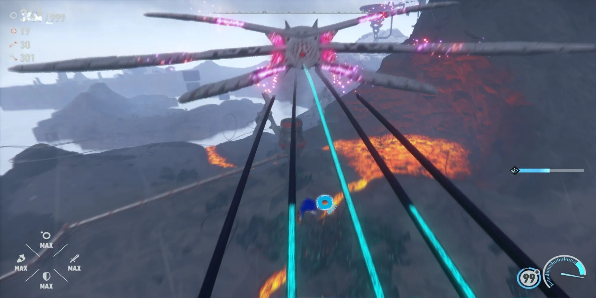 Sonic trượt ray trong Sonic Frontiers tại Chaos Island, thể hiện cơ chế di chuyển tốc độ cao trong thế giới mở.