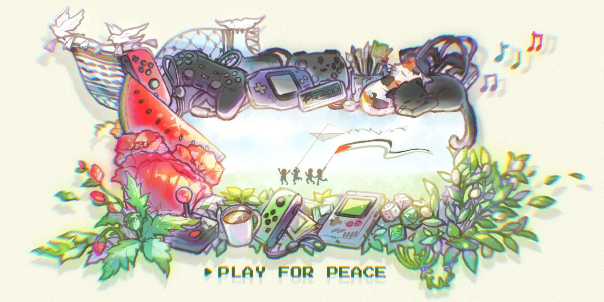Tác phẩm nghệ thuật chủ đạo minh họa gói game từ thiện Itch.io Play For Peace, thể hiện tinh thần nhân đạo và sự đoàn kết cộng đồng