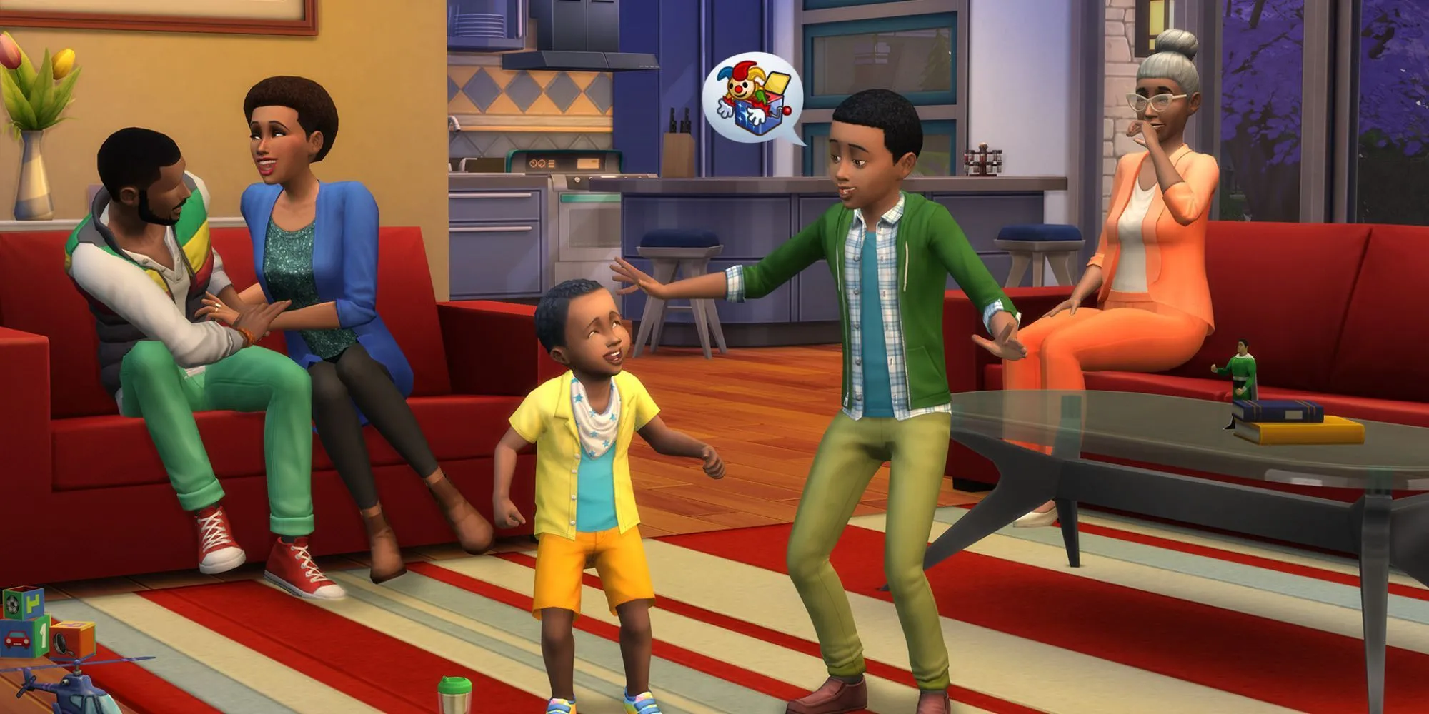 The Sims 4: Hai đứa trẻ trò chuyện, một đứa cầm hộp nhạc
