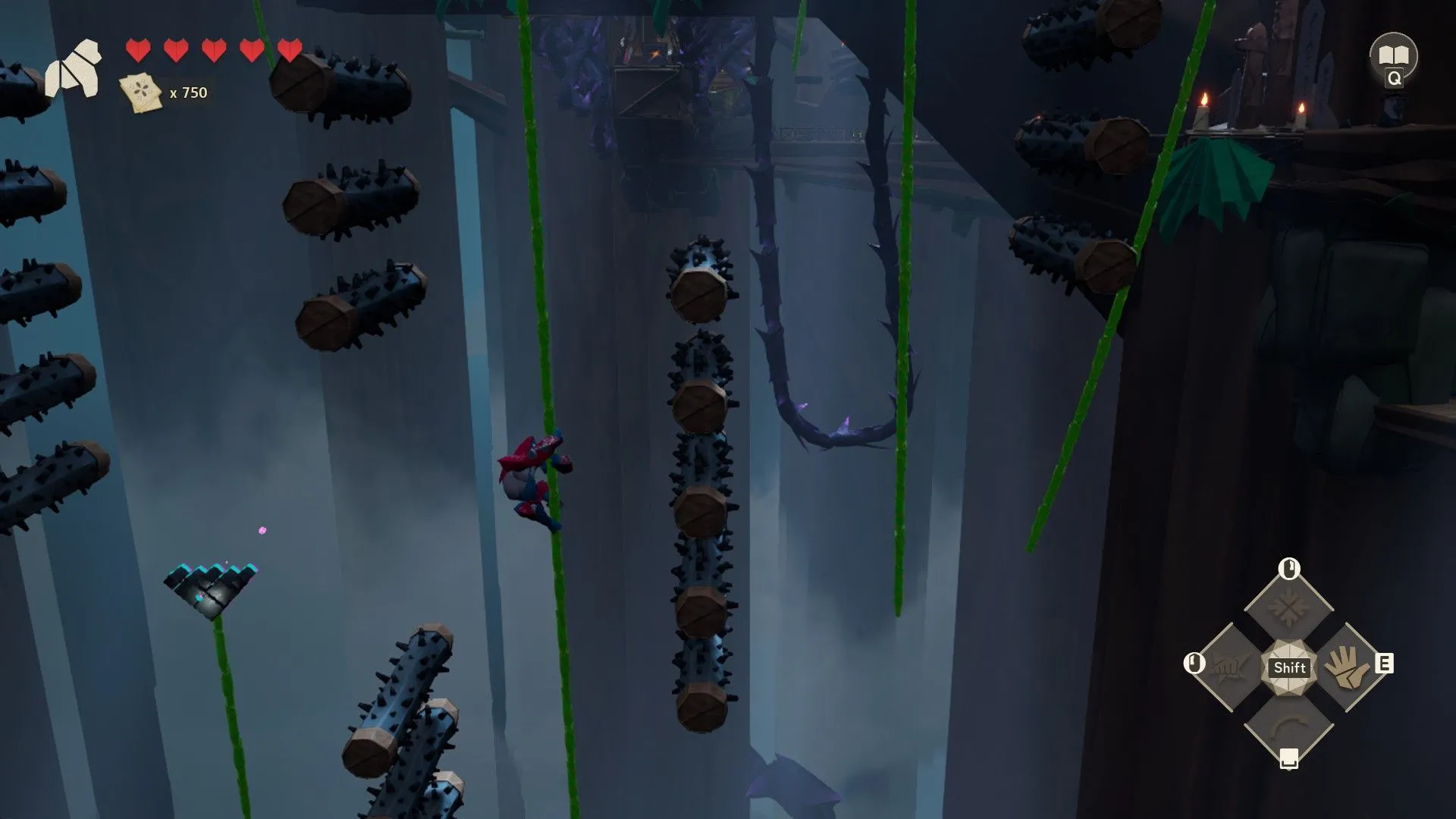 Thử thách platforming với các nền tảng phức tạp trong Hirogami, nơi góc camera có thể gây khó khăn cho game thủ.