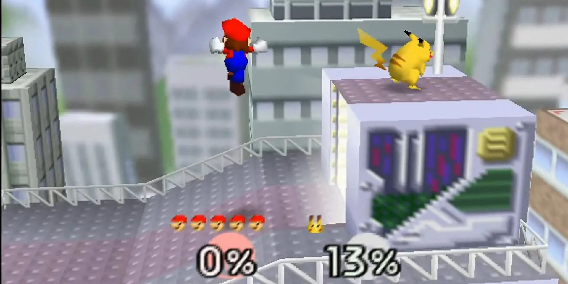 Trận đấu giữa Mario và Pikachu trên võ đài Hyrule Castle trong tựa game đối kháng Super Smash Bros. phiên bản gốc trên Nintendo 64, khởi nguồn của series.