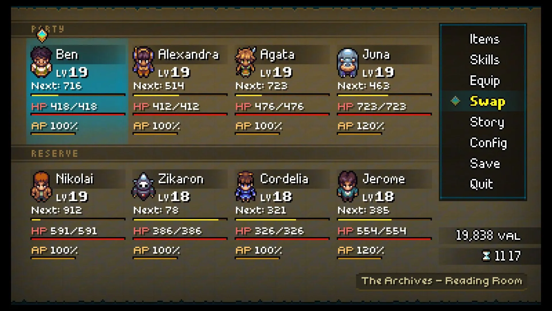 A full party of eight characters in Quartet.