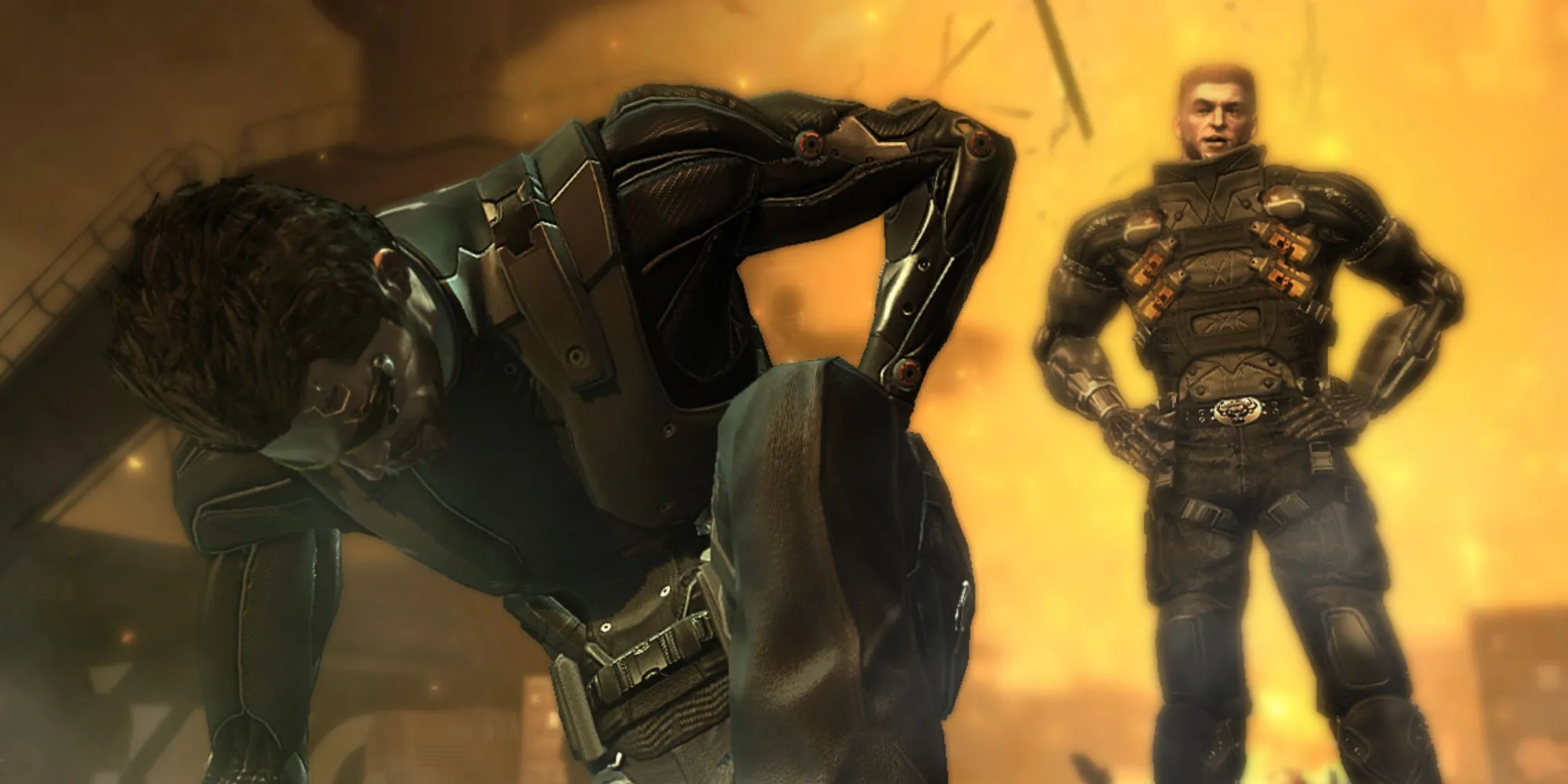 Adam Jensen trong Deus Ex: Human Revolution, tư thế ám chỉ chủ đề công nghệ và đạo đức