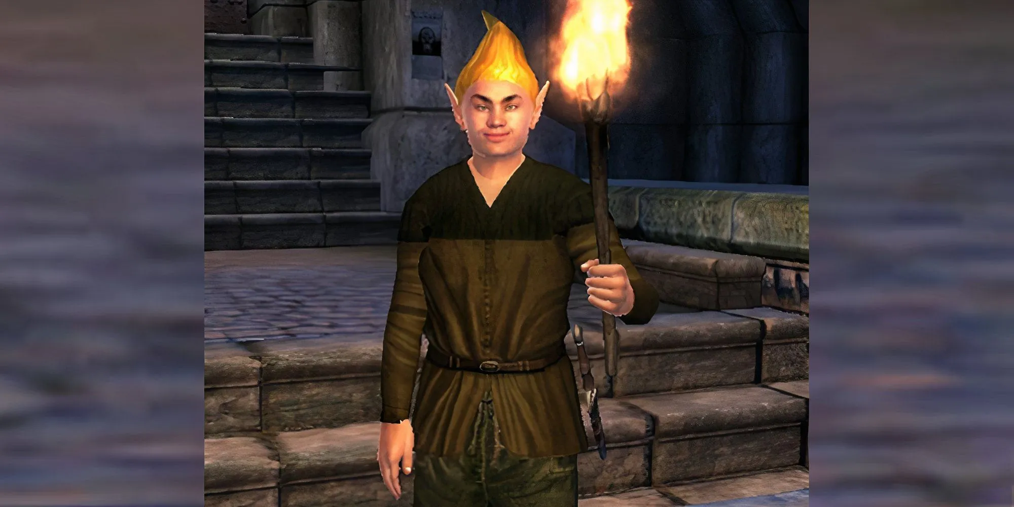Adoring fan trong Oblivion đứng cầm đuốc, biểu tượng của sự cuồng nhiệt hài hước trong game Bethesda