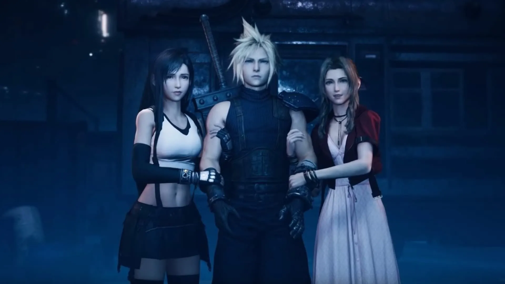 Aerith, Cloud và Tifa trong cảnh của Final Fantasy 7 Remake