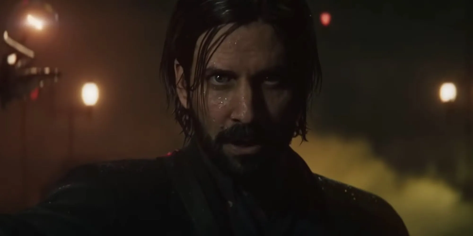 Alan Wake 2: close-up nhân vật chính trong ánh sáng u tối