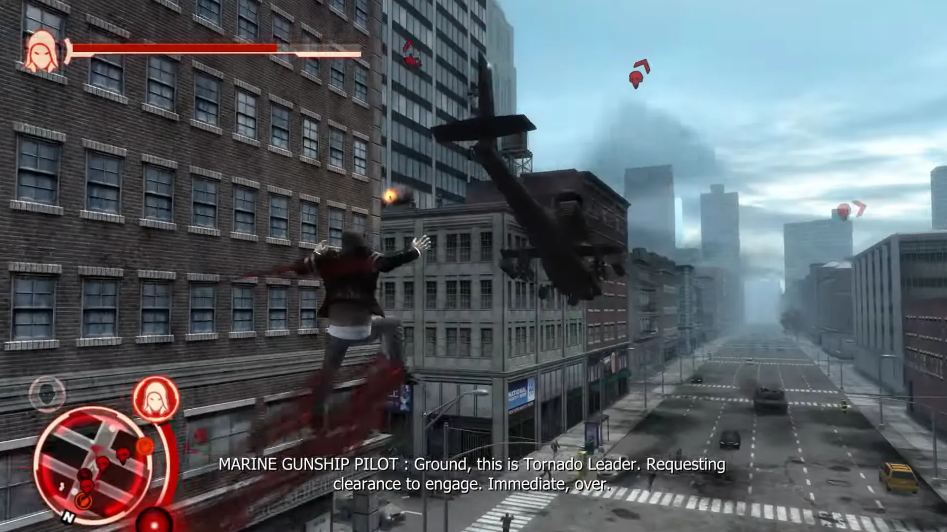 Alex Mercer tấn công trực thăng trong Prototype, minh họa sức mạnh tàn bạo